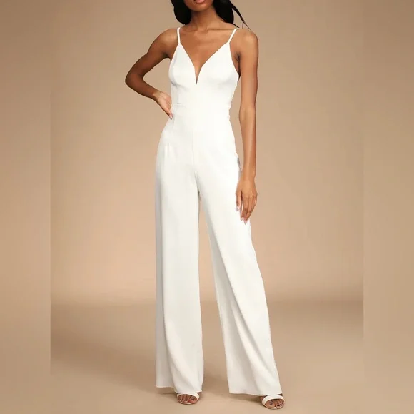 Lulus NWT Lasting Romance Ivory Satin Bow Back Wide-Leg Jumpsuit Small - Picture 2 of 4
